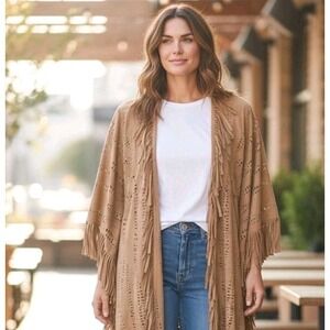 Alberto Makali OS NWT Faux Suede Fringe Camel Poncho Top Ranch Western Cowgirl